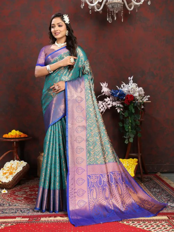 Dazzling Rama Green Color Lichi Silk Gold & Cooper Zari Saree
