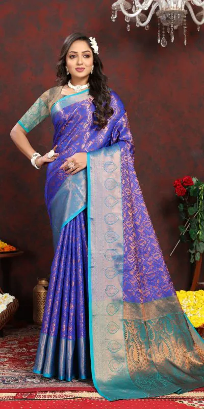 Dazzling Royal Blue Color Lichi Silk Gold And Cooper Zari Saree