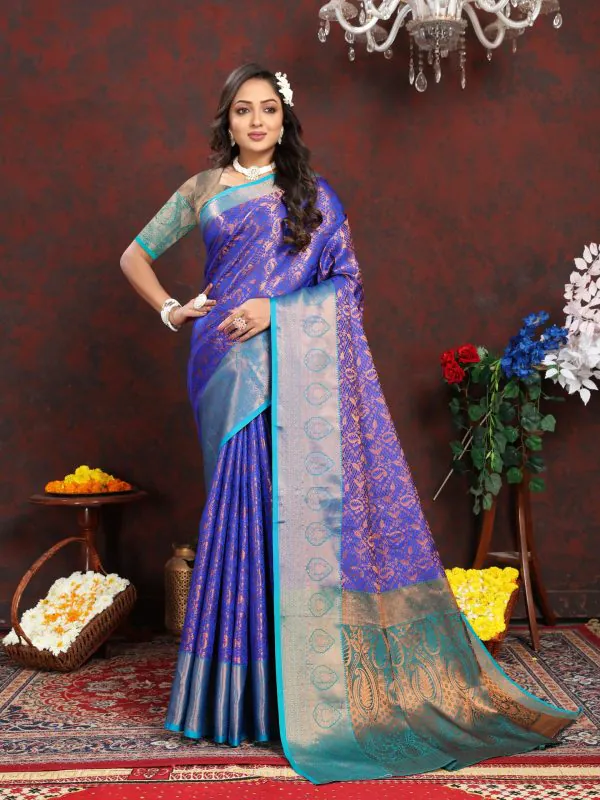 Dazzling Royal Blue Color Lichi Silk Gold And Cooper Zari Saree