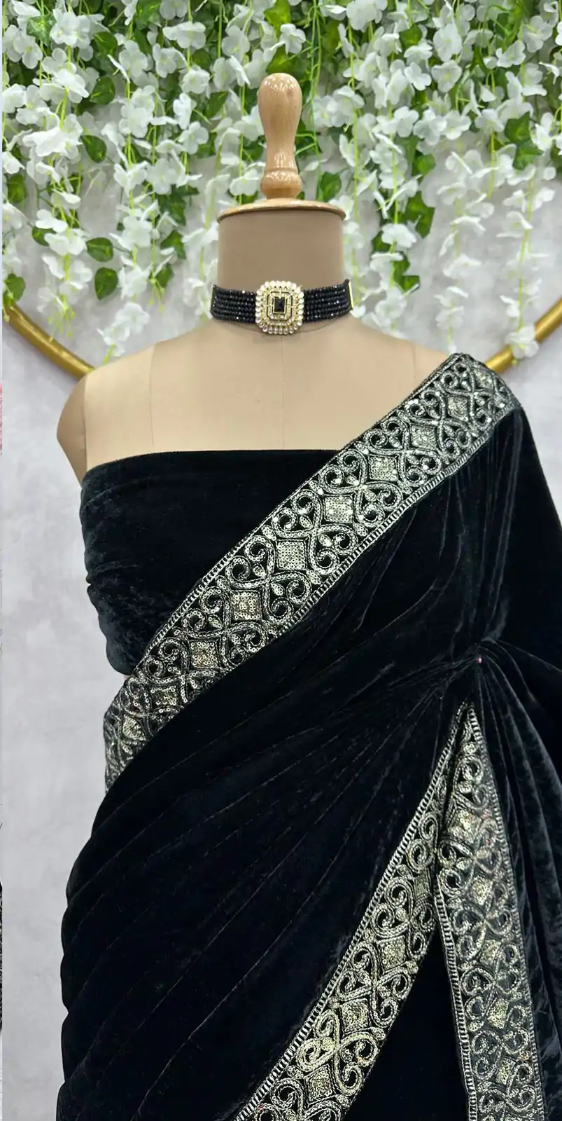 Dreamy Black Color Heavy Velvet with Lace work. Sequence Designer Saree - Image 4