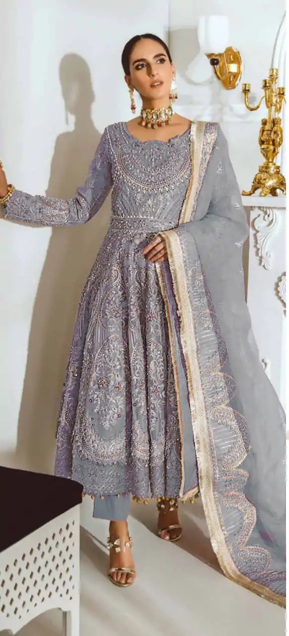 Dreamy Grey Color Heavy Net with sequence And Embroidery Work Anarkali Suit