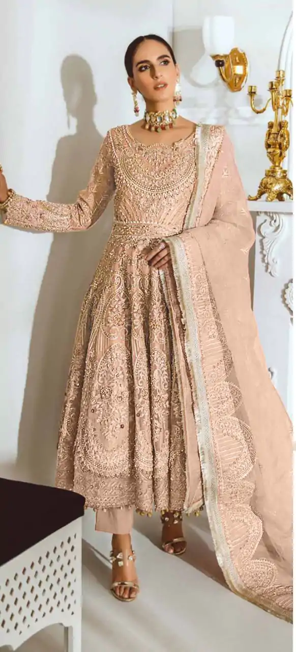 Dreamy Peach Color Heavy Net with sequence And Embroidery Work Anarkali Suit