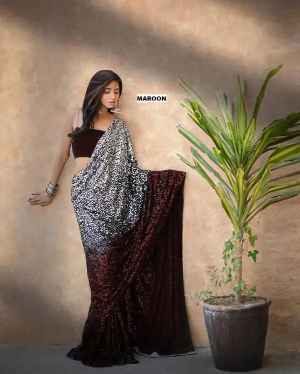 Entrancing Maroon Color Heavy 60 Gram Georgette Sequins Saree