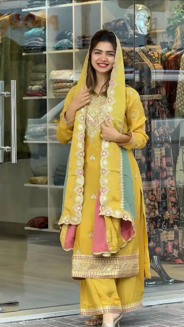 Fantastic Yellow Color Georgette Embroidery Work Sharara Suit