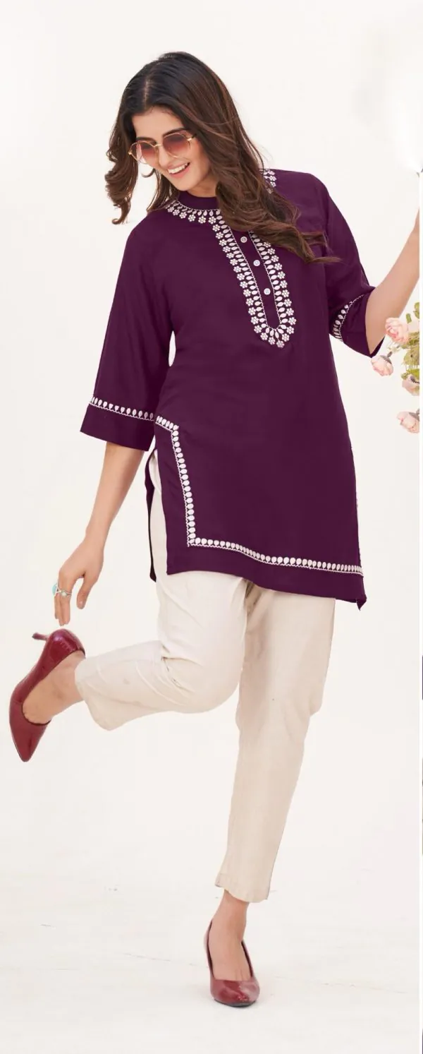 Fashionable Purple Color Heavy Rayon With Embroidery Kurti