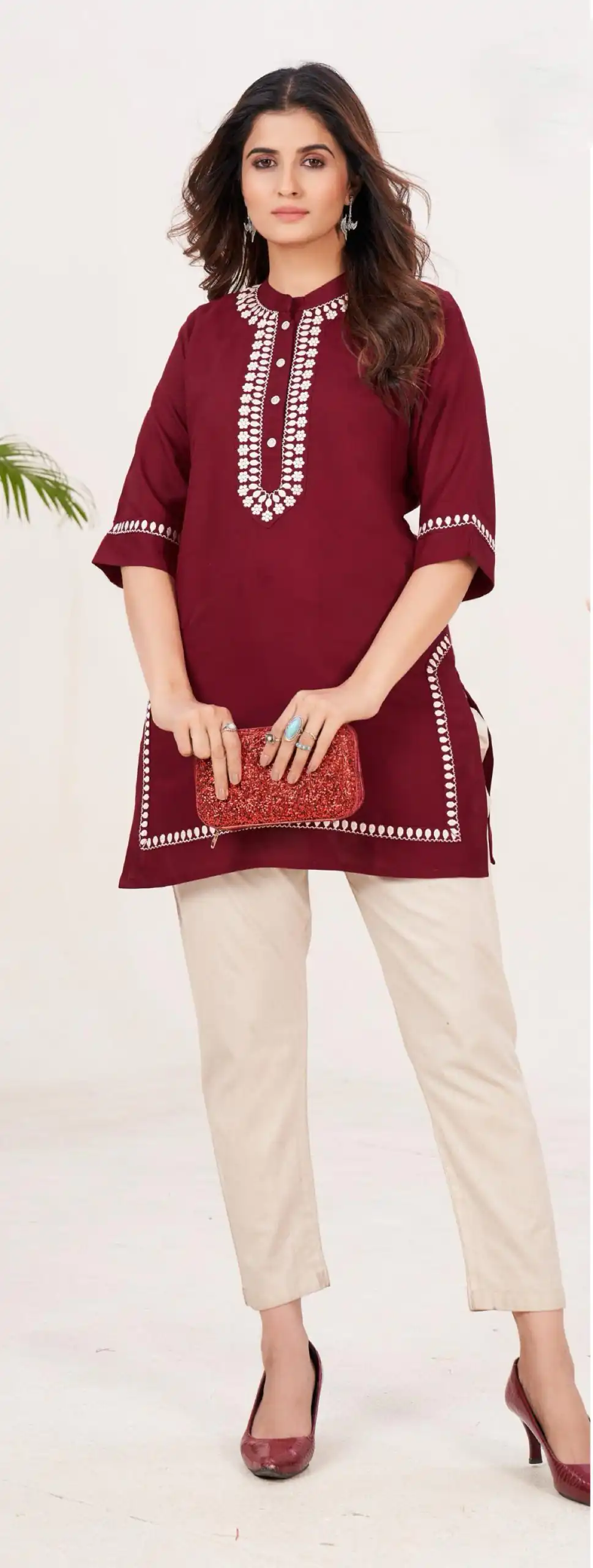 Fashionable Wine Color Heavy Rayon With Embroidery Kurti