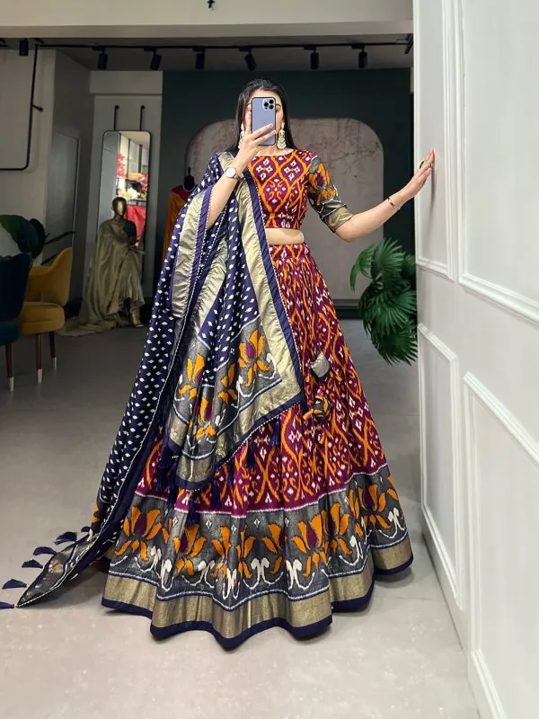 Glamorous Multi Color Tussar Silk Drawstring & Printed With Foil Print & Heavy Tassels Lehenga Choli