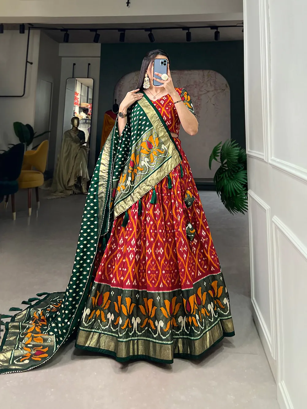 Glamorous Red Color Tussar Silk Drawstring & Printed With Foil Print & Heavy Tassels Lehenga Choli