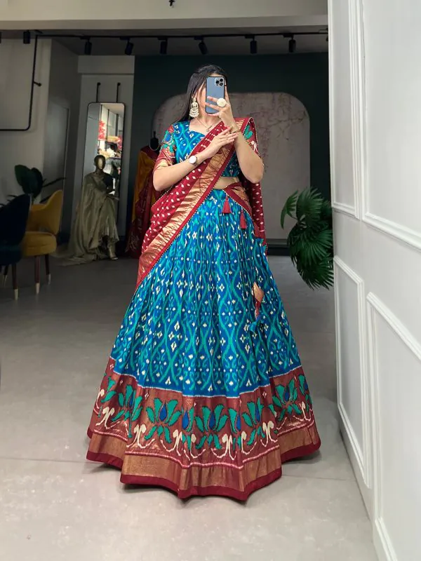 Glamorous Sky Blue Color Tussar Silk Drawstring & Printed With Foil Print & Heavy Tassels Lehenga Choli