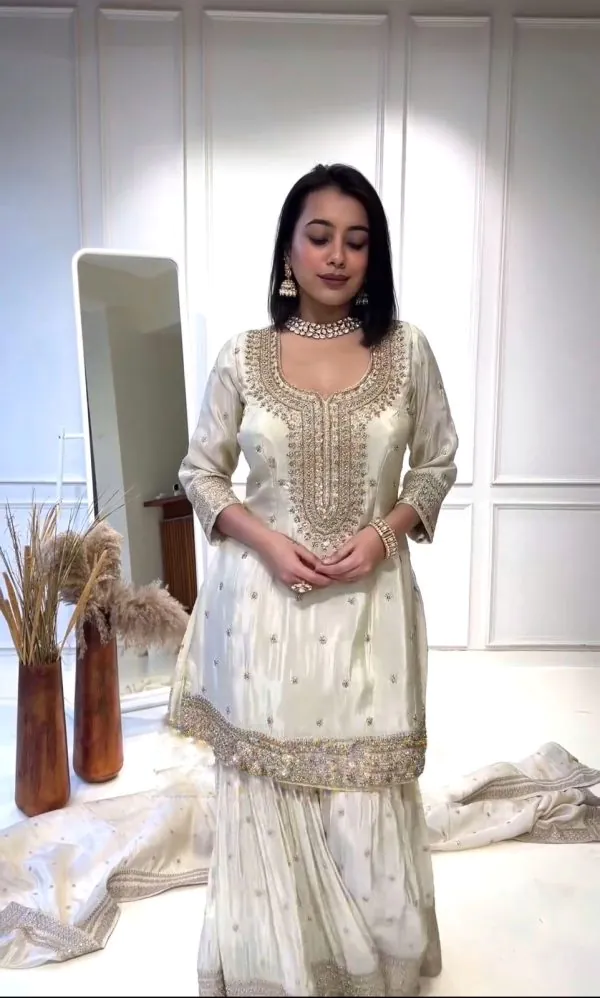 Glamorous White Color Chinnon Silk Embroidery Sharara Suit