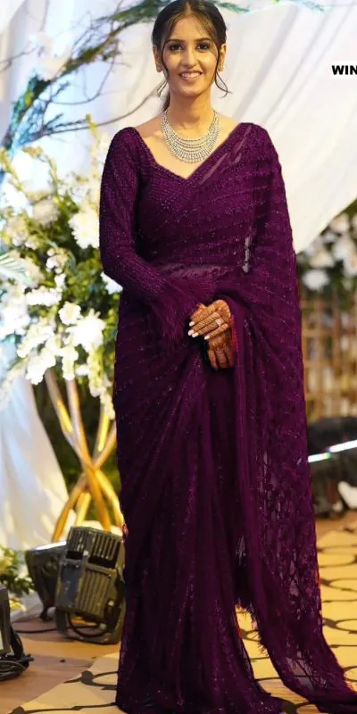 Glamorous Wine Color Mono Net Sequins Embroidery work Saree