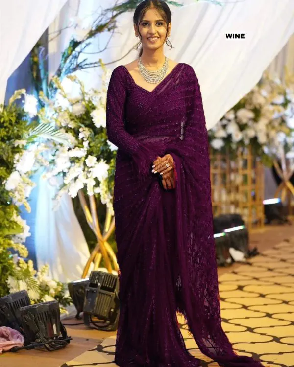 Glamorous Wine Color Mono Net Sequins Embroidery work Saree