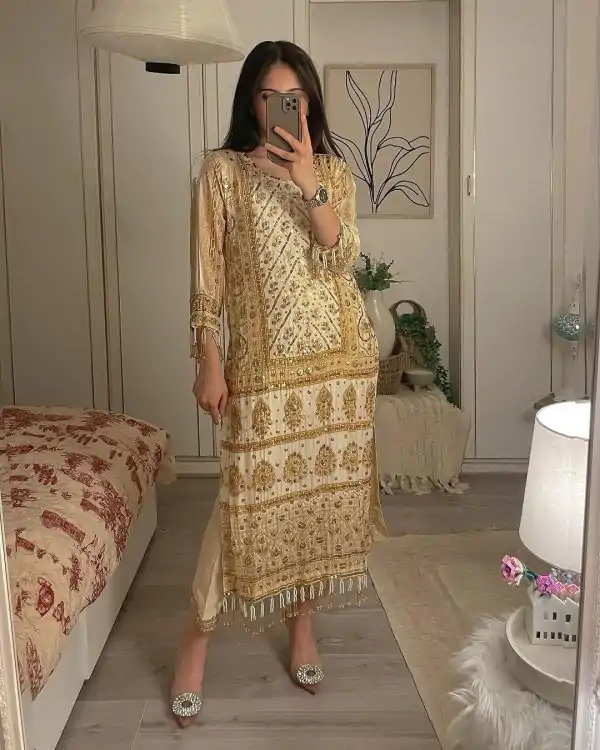 Glorious Off White Color Georgette Sequence Embroidery Work Salwar Suit