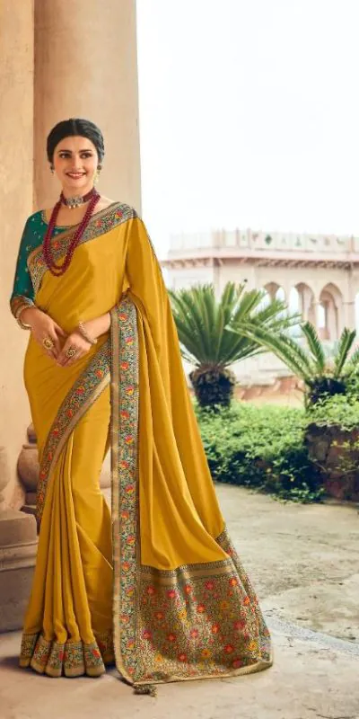 Exemplary Yellow Color Georgette Beautiful Lace Saree