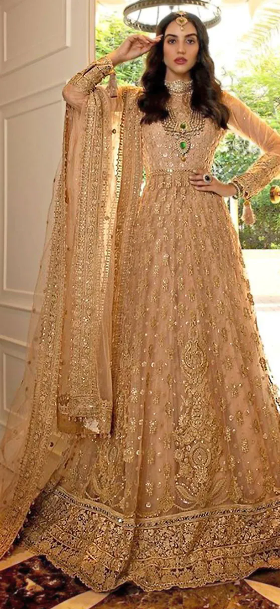 Grace Golden Color Net Embroidery And Mirror work Anarkali Suit