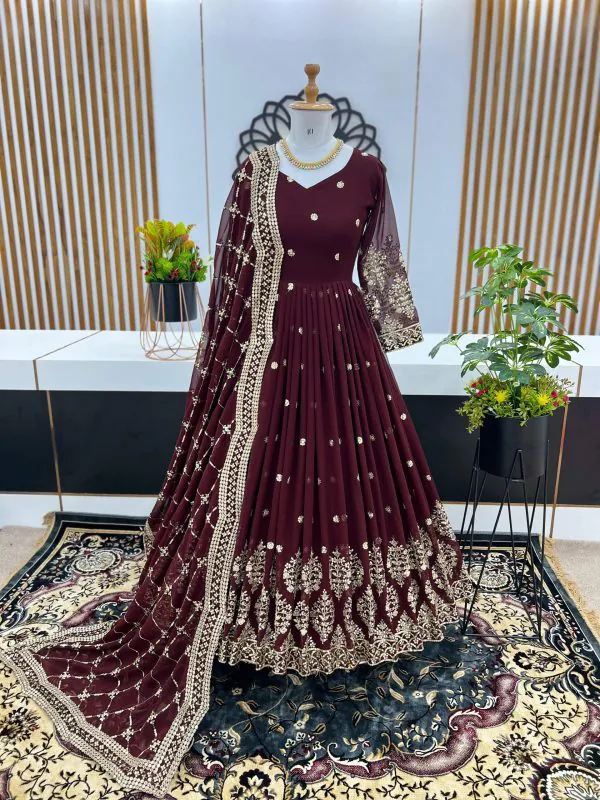 Graceful Dark Brown Color Georgette Embroidery Sequence Work Gown