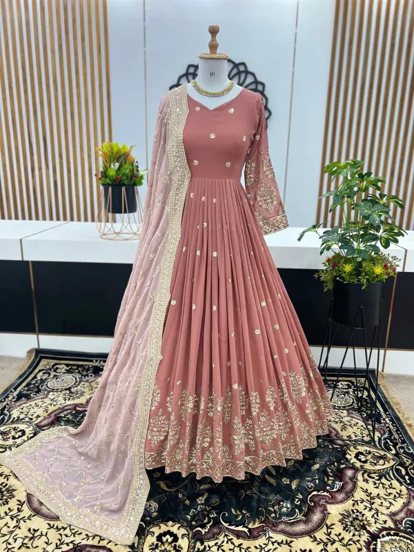 Graceful Peach Color Georgette Embroidery Sequence Work Gown