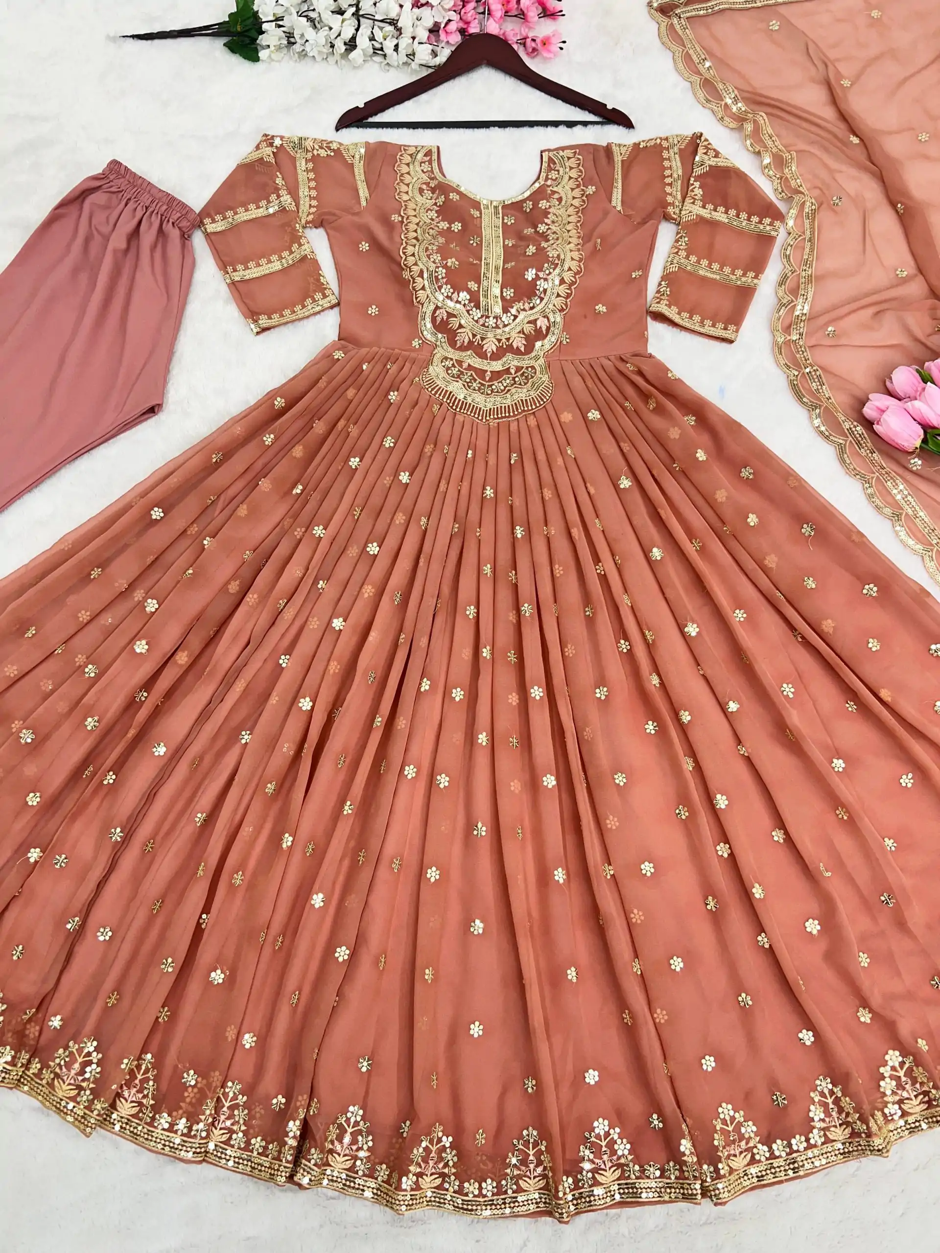Graceful Peach Color Georgette With Heavy Embroidery Sequence Work Party Wear Gown