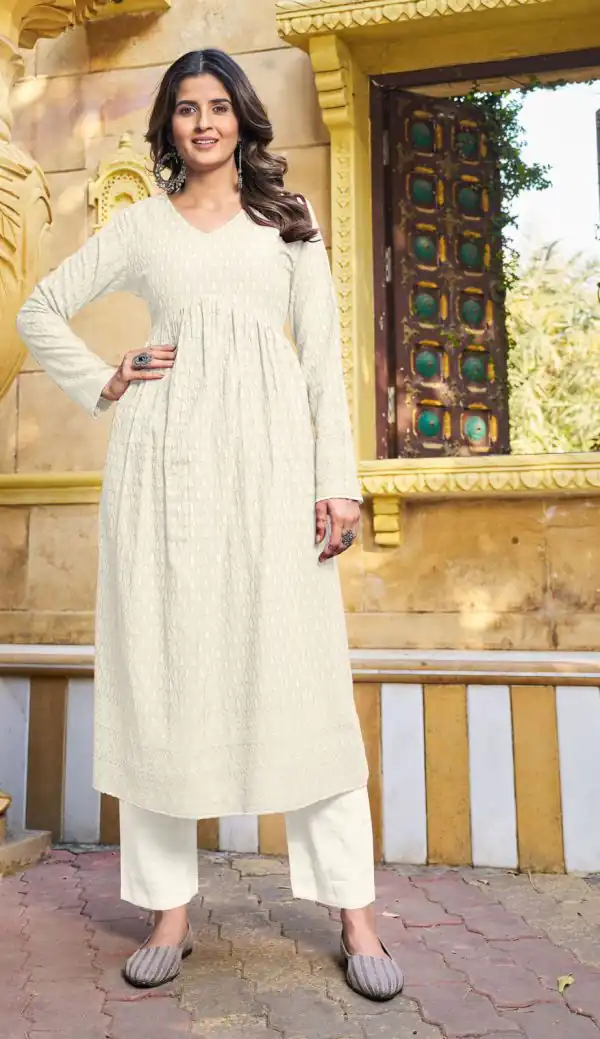Grand Look White Color Heavy Rayon with Schiffli Work Kurti