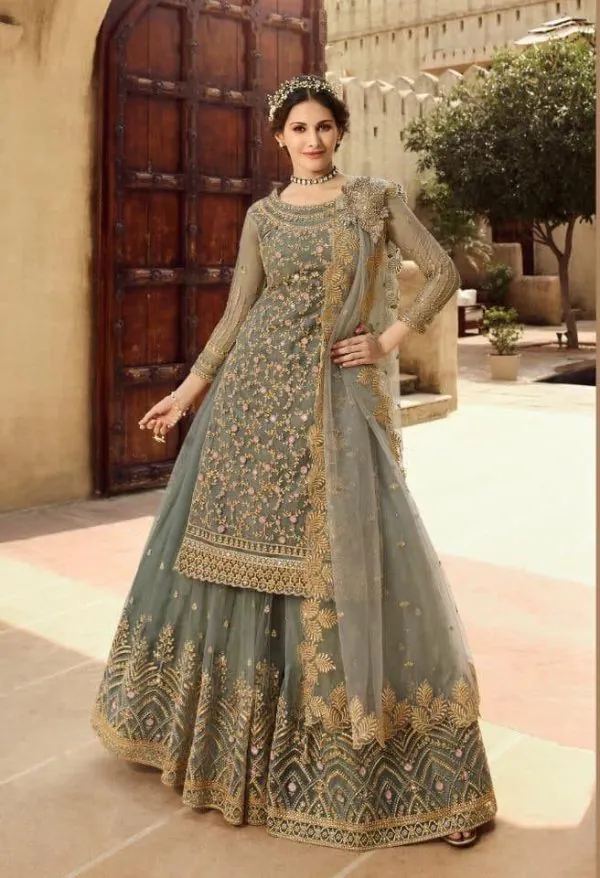 Artful Grey Color Georgette Soft Net Sequence Embroidery Work Lehenga Choli