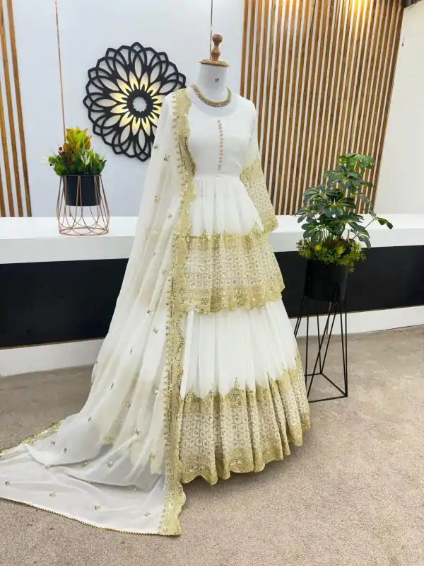Stunning White Color Faux Georgette With Embroidery Sequence Work Lehenga Choli