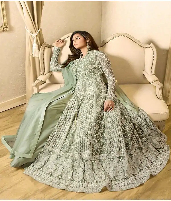 Drashti Dhami Dull Mint Embroidered Net Anarkali Suit Series - Image 4