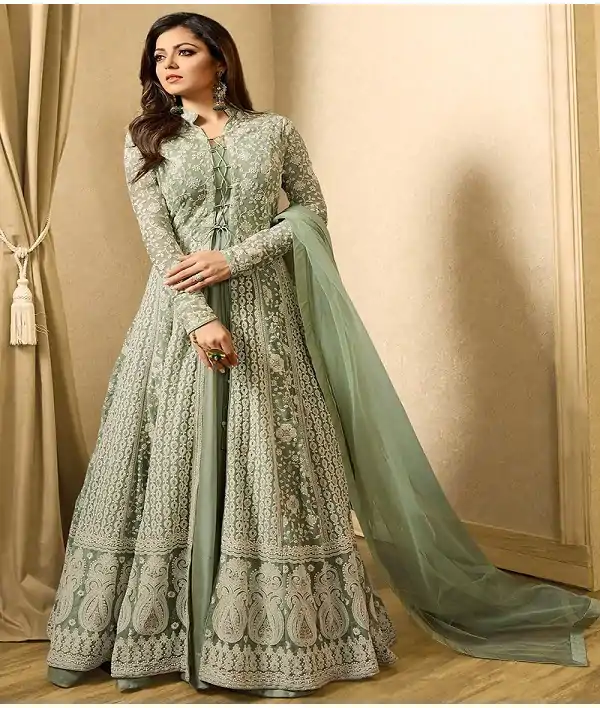 Drashti Dhami Dull Mint Embroidered Net Anarkali Suit Series