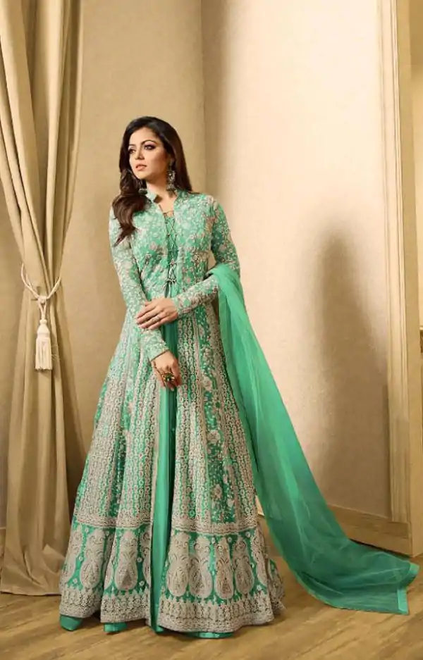 Drashti Dhami Light Green Embroidered Georgette Net Anarkali Suit