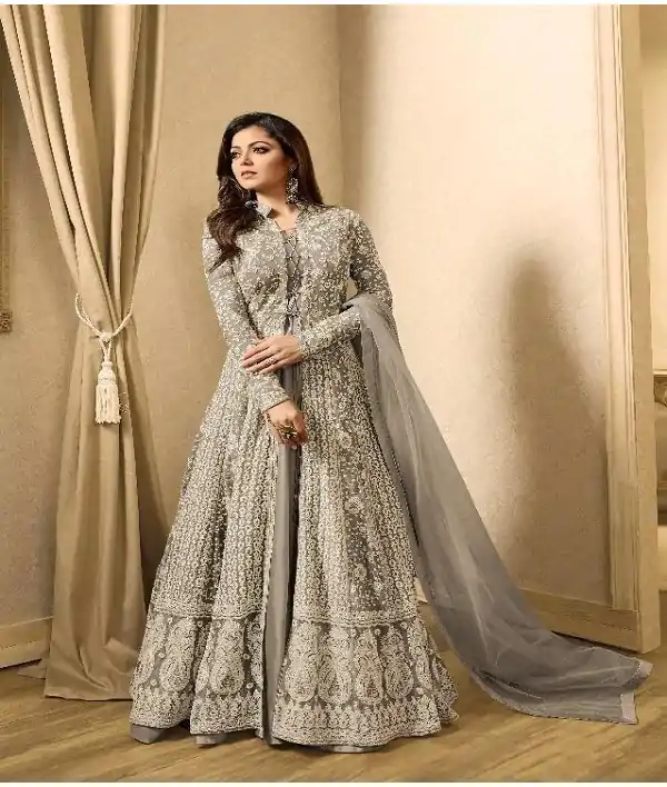 Drashti Dhami Light Grey Embroidered Georgette Net Anarkali Suit
