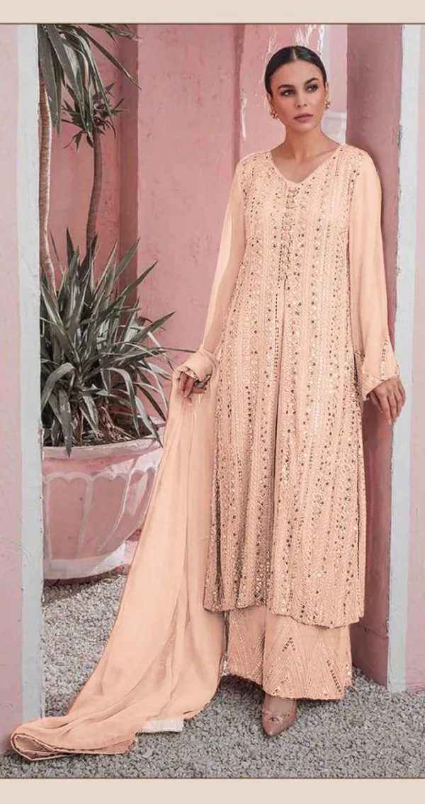 Latest Cream Color Georgette Embroidered Sequence Work Straight Salwar Suit
