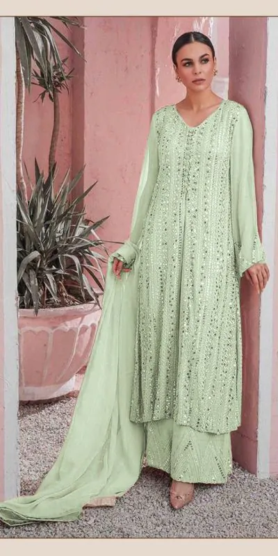 Latest Parrot Green Color Georgette Embroidered Sequence Work Straight Salwar Suit
