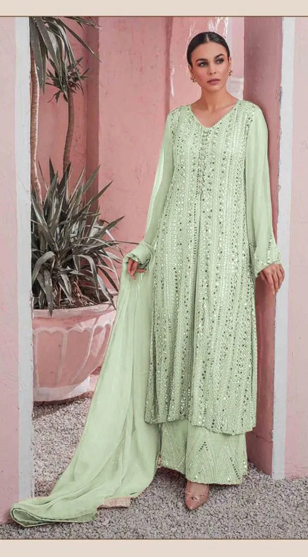 Latest Parrot Green Color Georgette Embroidered Sequence Work Straight Salwar Suit