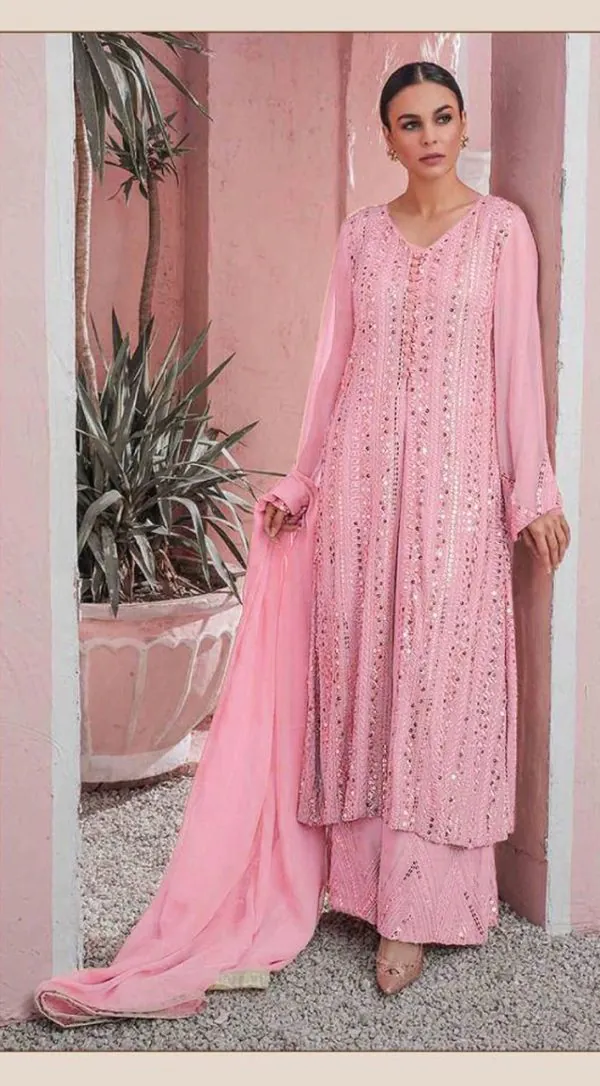 Latest Pink Color Georgette Embroidered Sequence Work Straight Salwar Suit