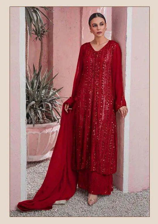 Latest Red Color Georgette Embroidered Sequence Work Straight Salwar Suit