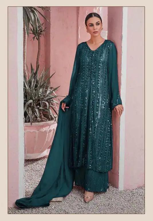 Latest Stone Green Color Georgette Embroidered Sequence Work Straight Salwar Suit