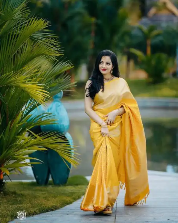 Latest Yellow Color Lichi Silk Jacquard Work Beautiful Saree