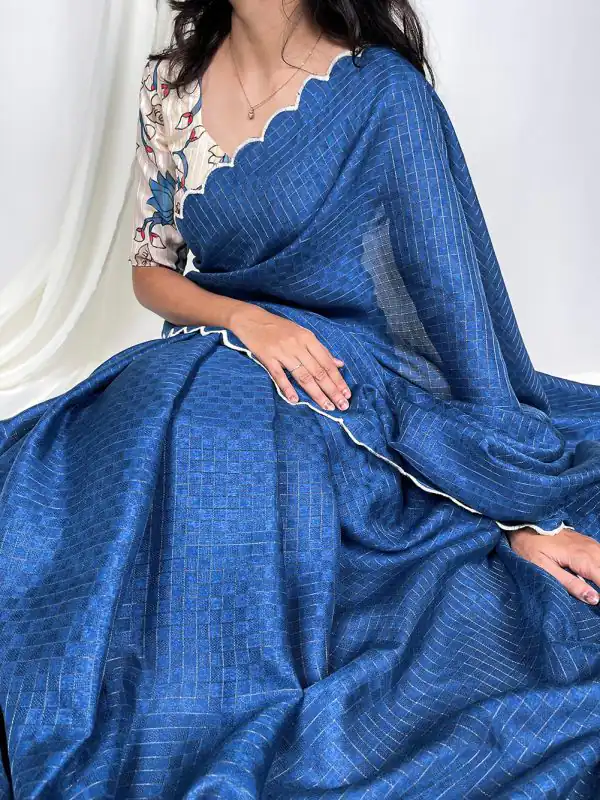 Lovely Blue Color Gadhawal Chex Arca Work Partywear Designer Style Saree