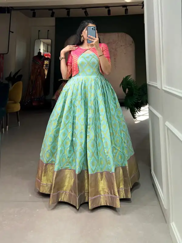 Lovely Green Color Micro Cotton Silk Jacquard  Zari work designer gown
