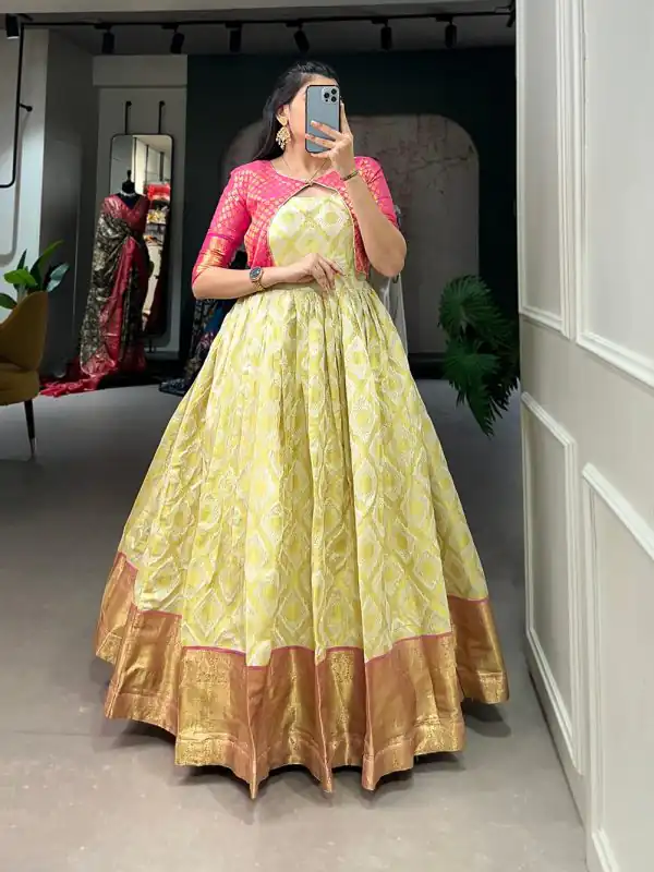 Lovely Yellow Color Micro Cotton Silk Jacquard  Zari work designer gown