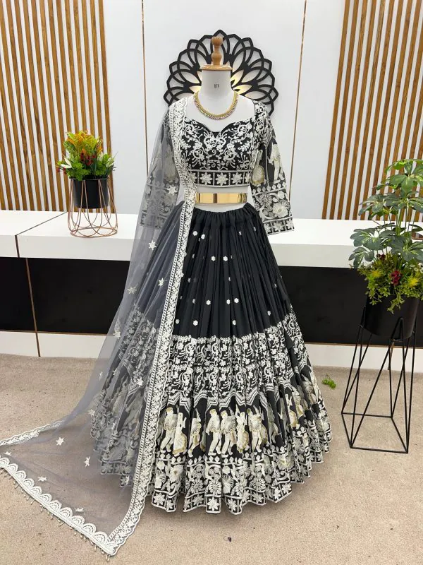 Luminous Black Color Faux Georgette Embroidery Work Lehenga Choli
