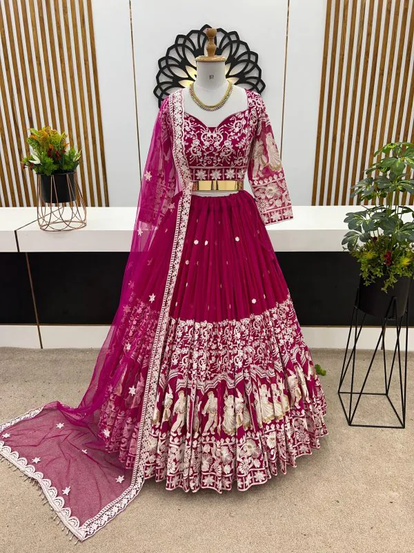 Luminous Rani Pink Color Faux Georgette Embroidery Work Lehenga Choli