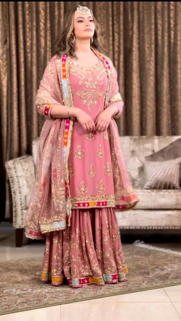 Magnificent Pink Color Georgette Embroidery Work Sharara Suit