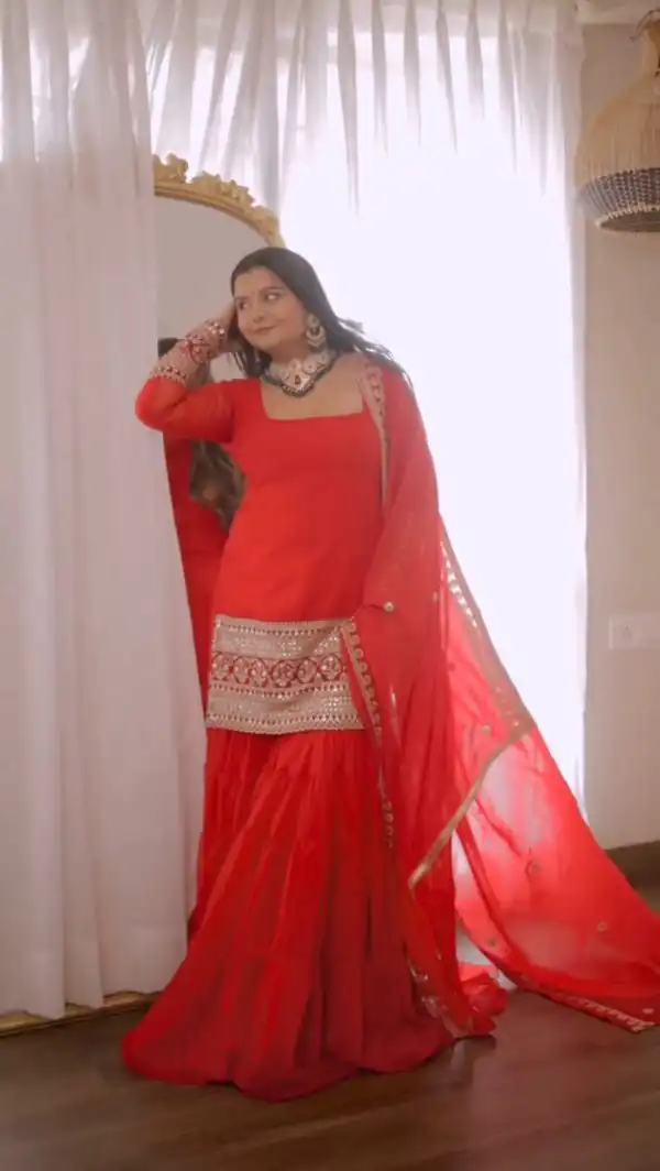 Majestic Red Color Faux Georgette thread Sequence Work Sharara Suit
