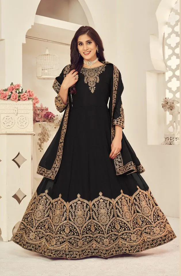 Marvelous Black Color Georgette Cording Stone Work Anarkali Suit