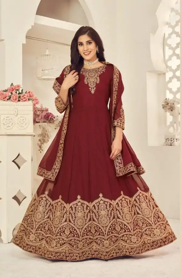 Marvelous Maroon Color Georgette Cording Stone Work Anarkali Suit