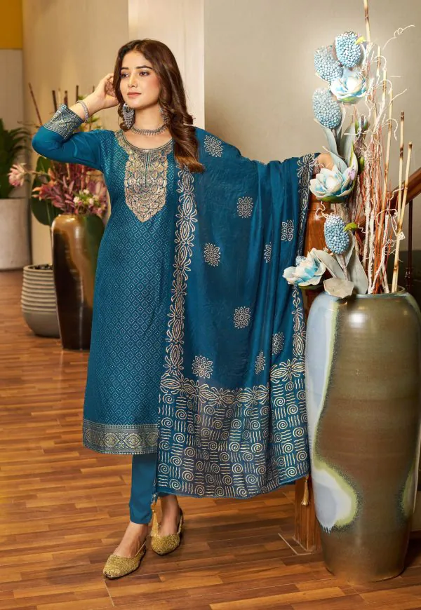 Mesmerizing Blue Color Rayon Embroidery Work Printed Kurti