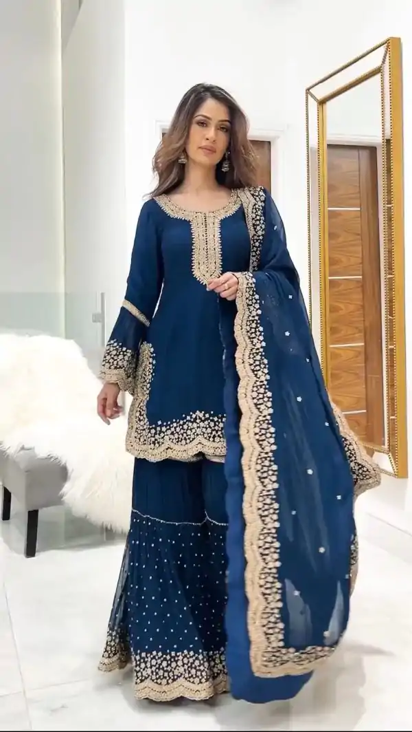 Mesmerizing Royal Blue Color Faux Georgette Embroidery Work Sharara Suit
