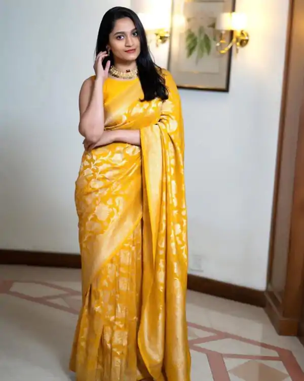 Mesmerizing Yellow Color Soft Lichi Silk Ordinary Design Saree