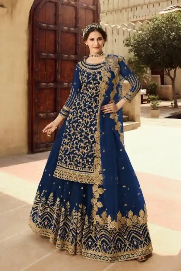 Artful Navy Blue Georgette Soft Net Sequence Embroidery Work Lehenga Choli