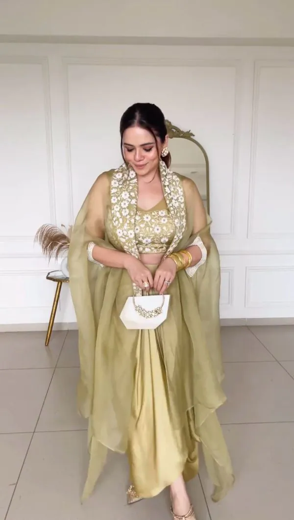 Designer Olive Green Color Sequence Work Dhoti Style Saree